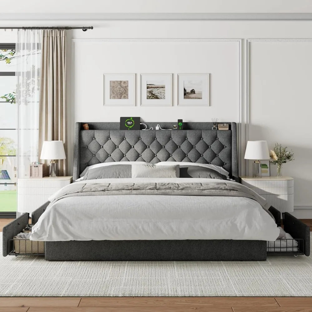 Premium Bed Frame with 4 Storage Drawers Fully Upholstered with Charging Station, Tufted Wingback Storage Headboard