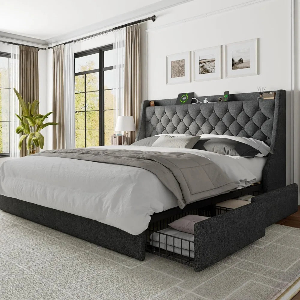 Premium Bed Frame with 4 Storage Drawers Fully Upholstered with Charging Station, Tufted Wingback Storage Headboard
