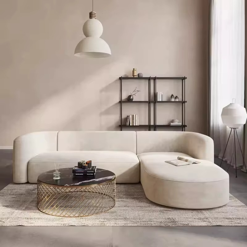 Modern L Shaped Velvet Sofa with Chaise Minimalist Style Comfy Sectional Sofas for Living Room Apartment