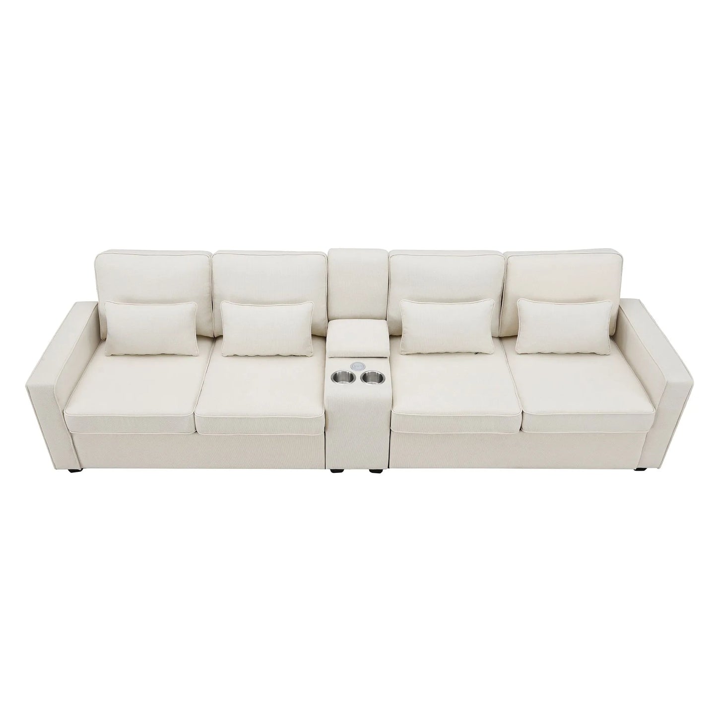 Upholstered Sofa Furniture with Console 2 Cupholders Modern Linen Fabric