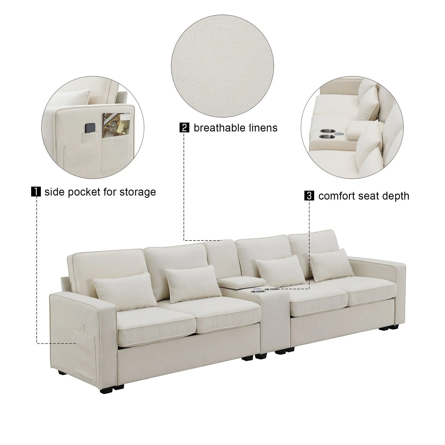Upholstered Sofa Furniture with Console 2 Cupholders Modern Linen Fabric