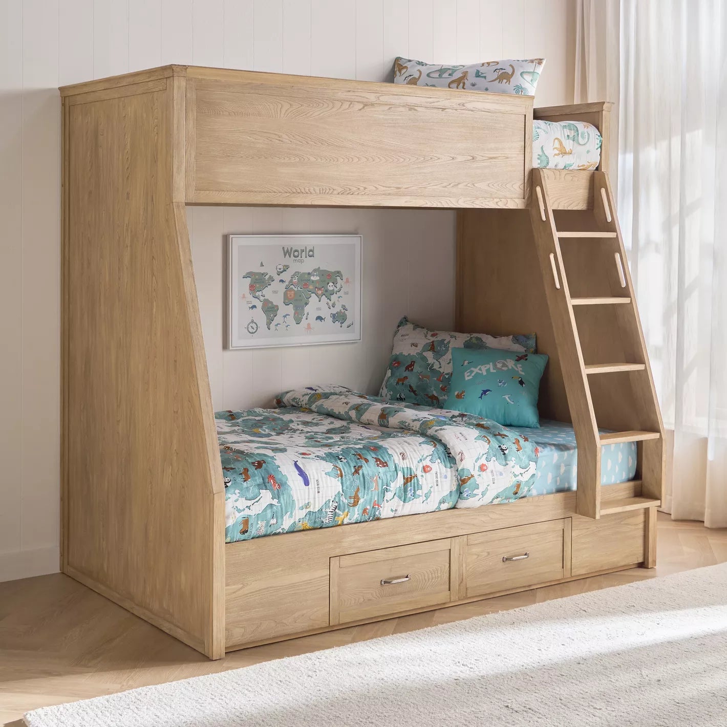 Wood Bunk Bed with Stairs and Storage Drawers.