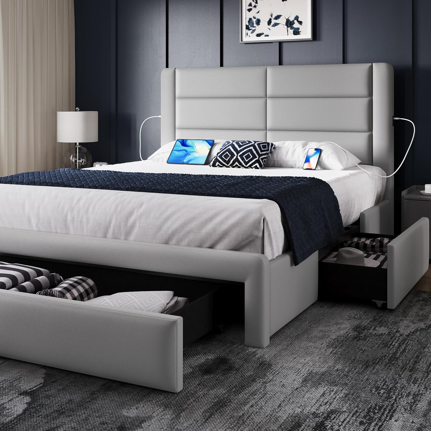 Modern Bed with Storage Drawers, USB Ports, High Upholstered Headboard.