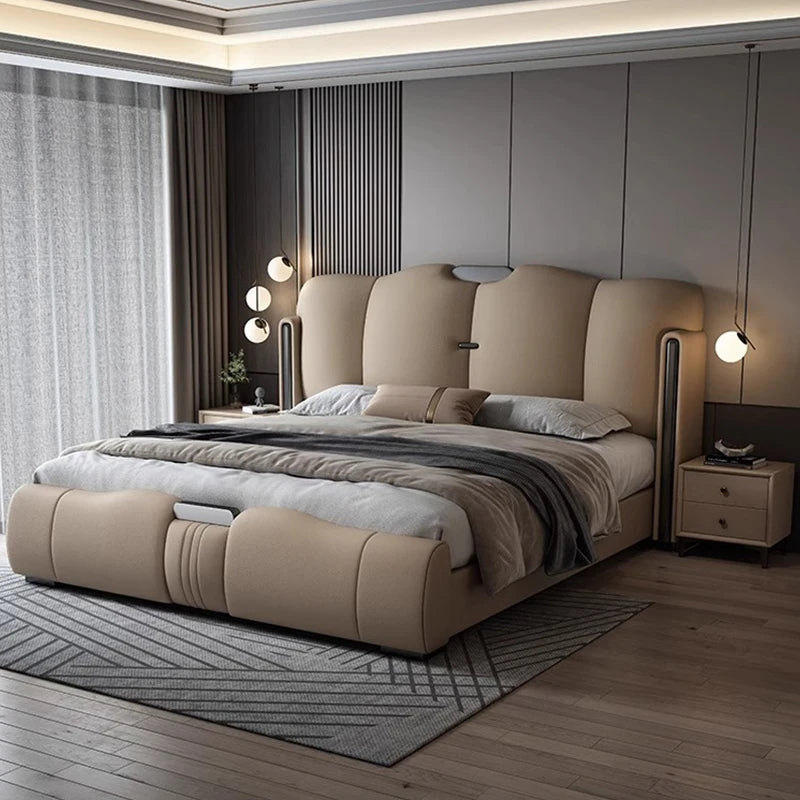 Queen Size Leather Bed Double Set Backrest White Modern Storage Bedroom Beds