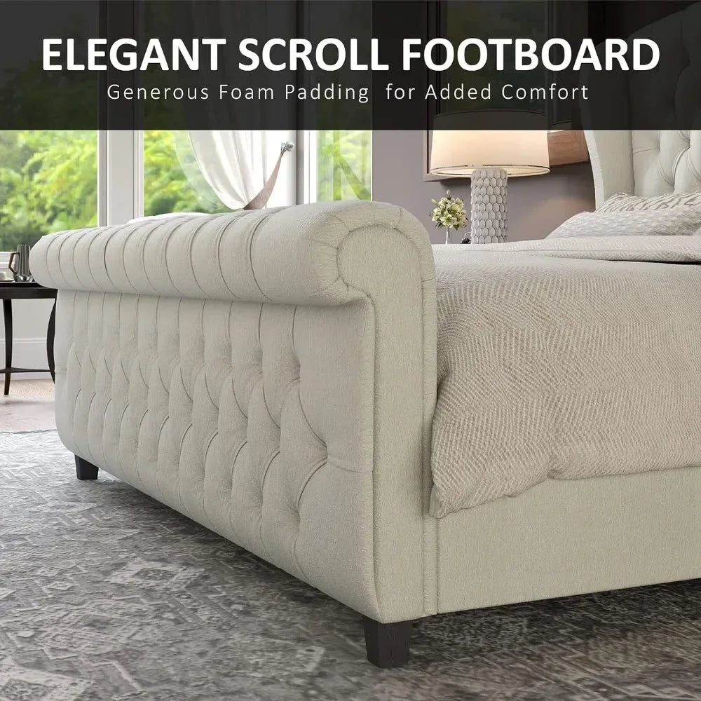 Sophisticated Sleigh Bed with Button Tufted Design.