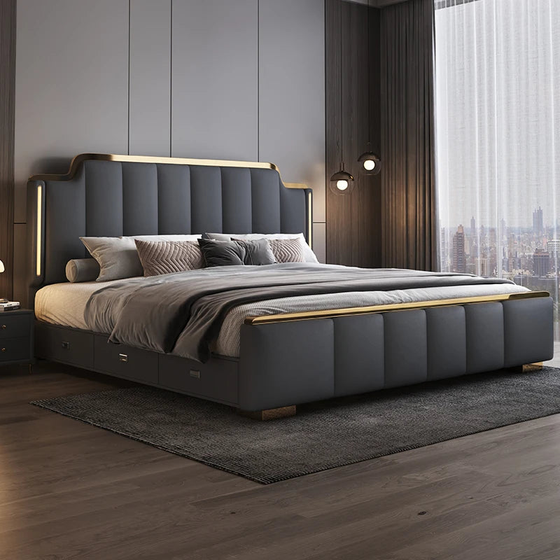 Modern 1.8m Leather Double Bed with Light Luxury High Box Queen Size Bed for Master Bedroom