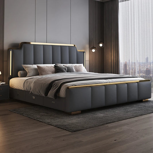 Modern 1.8m Leather Double Bed with Light Luxury High Box Queen Size Bed for Master Bedroom