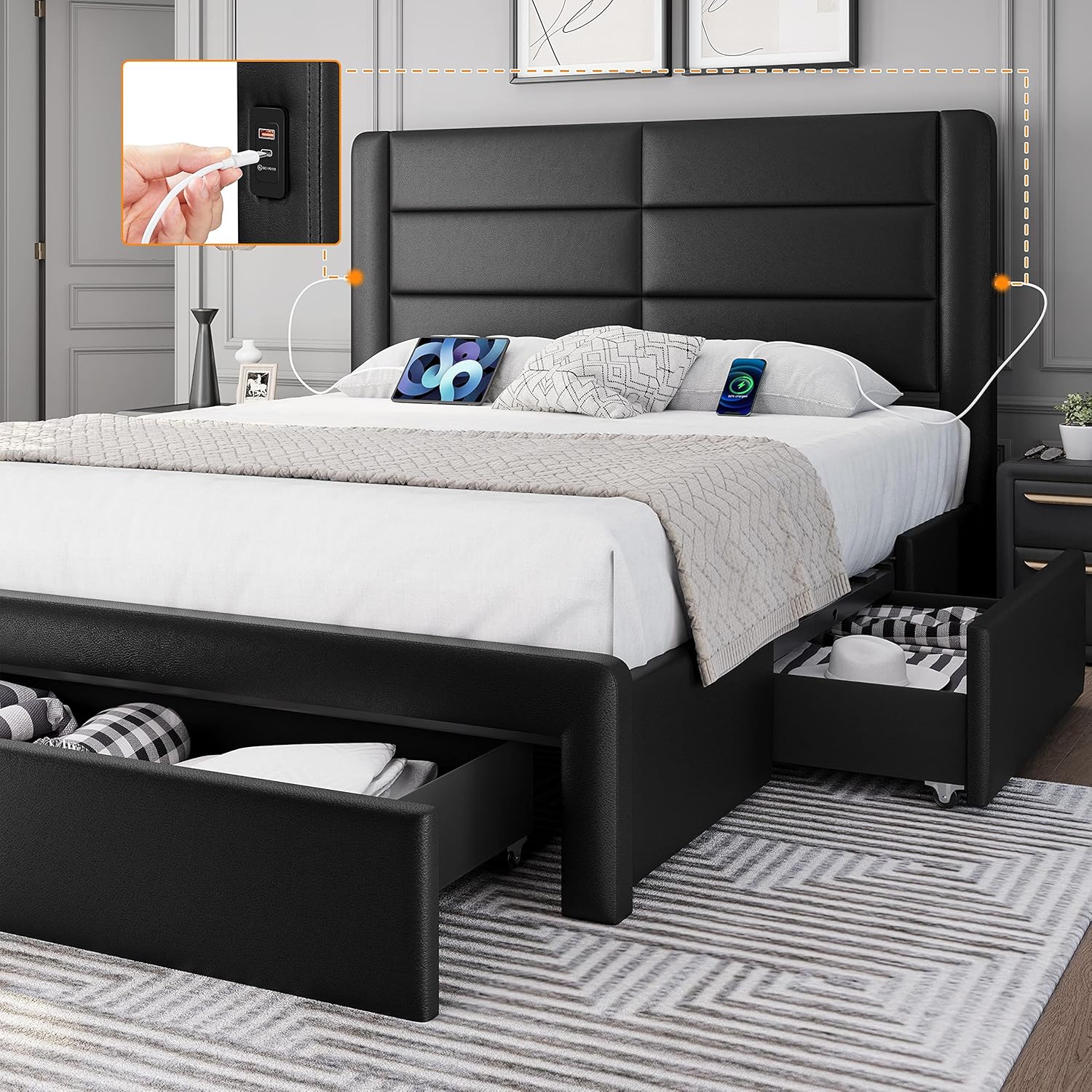 Modern Bed with Storage Drawers, USB Ports, High Upholstered Headboard.