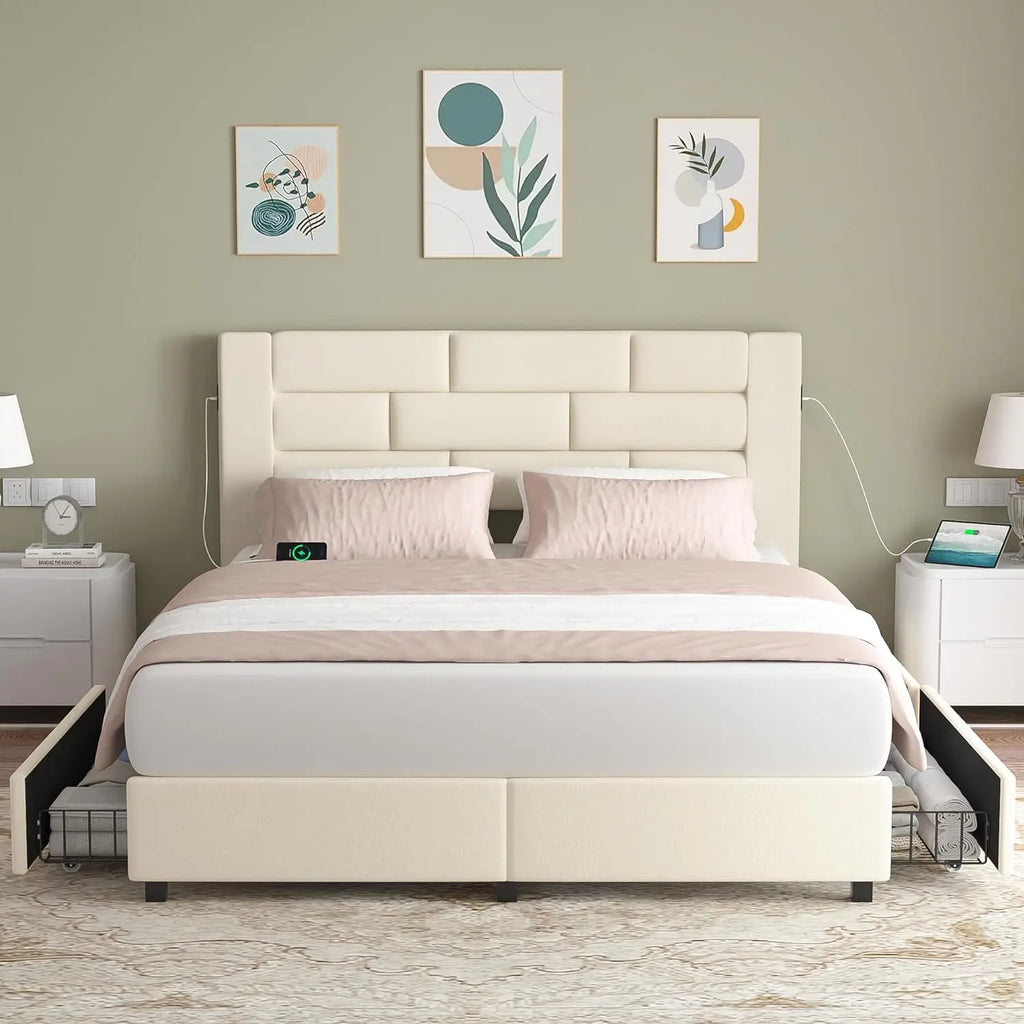 Upholstered Bed Frame with High Headboard, Storage Drawers, USB Charging Ports.