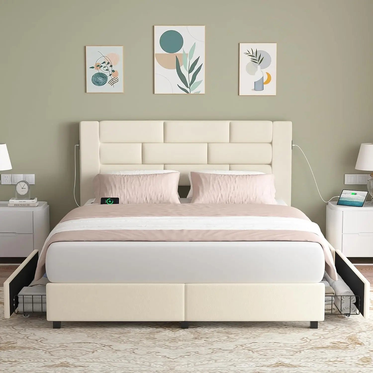 Upholstered Bed Frame with High Headboard, Storage Drawers, USB Charging Ports.
