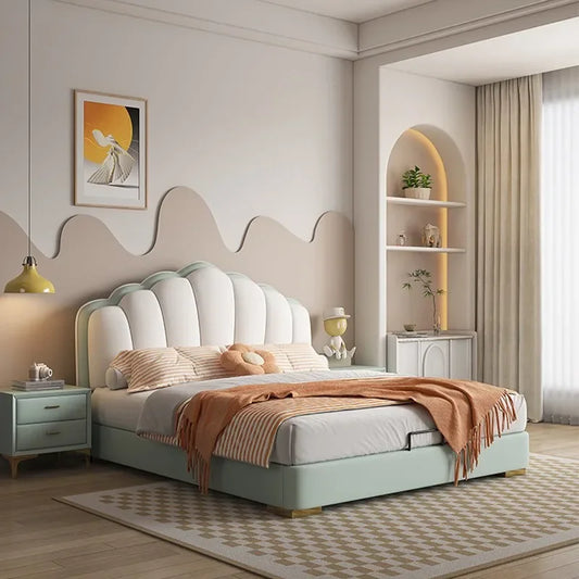 Waterproof Frame Double Bed Princess Beige Large Wooden Luxury Double Bed Headboards Storage