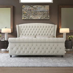 Sophisticated Sleigh Bed with Button Tufted Design.