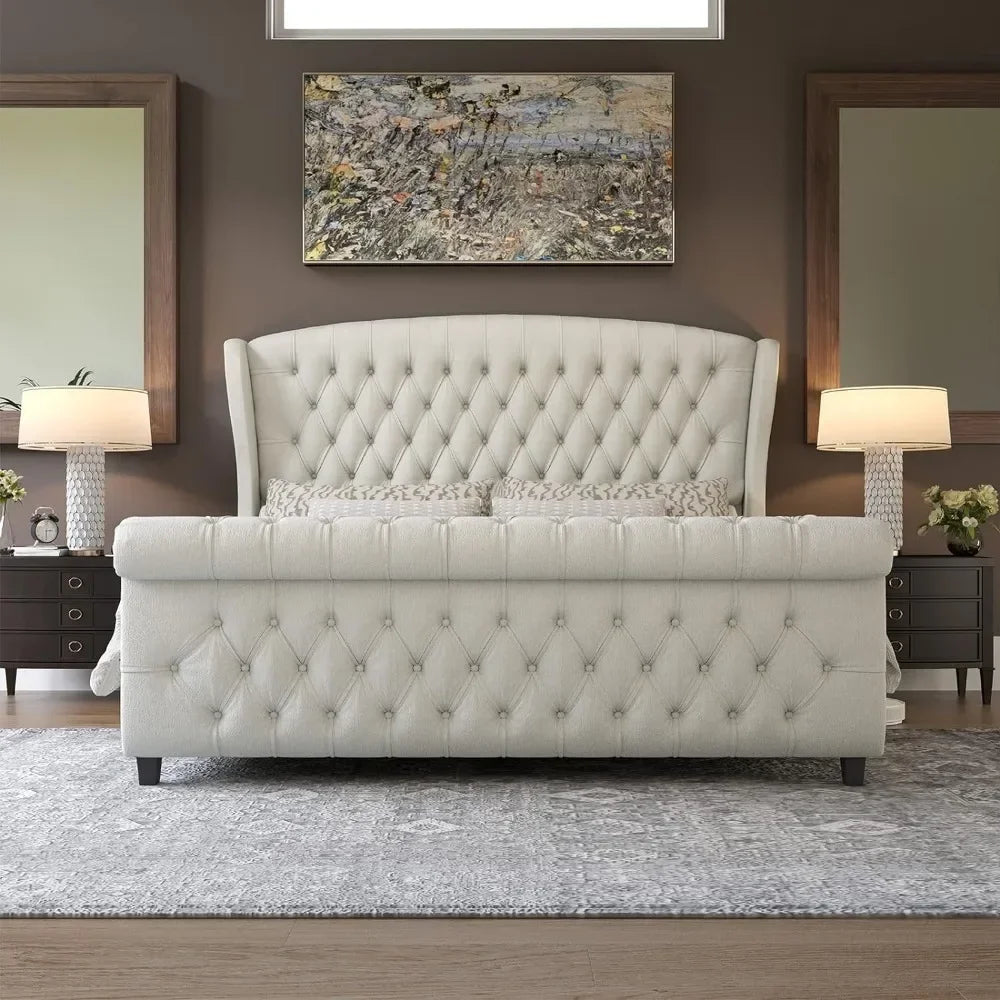 Sophisticated Sleigh Bed with Button Tufted Design.