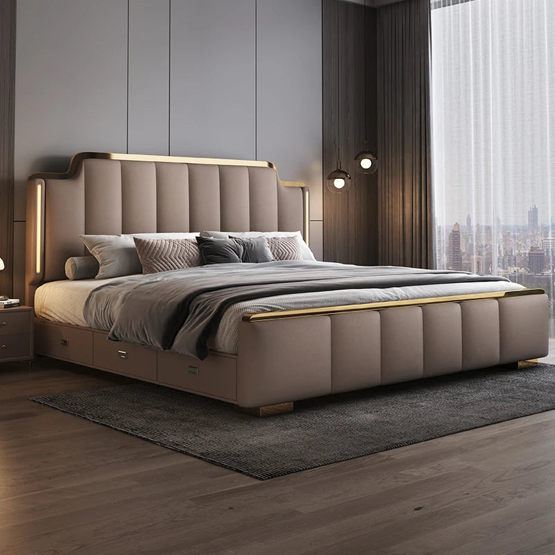 Modern 1.8m Leather Double Bed with Light Luxury High Box Queen Size Bed for Master Bedroom