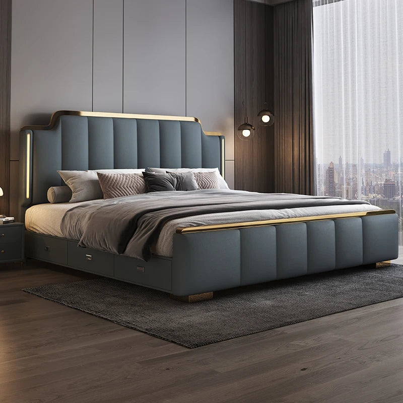 Modern 1.8m Leather Double Bed with Light Luxury High Box Queen Size Bed for Master Bedroom