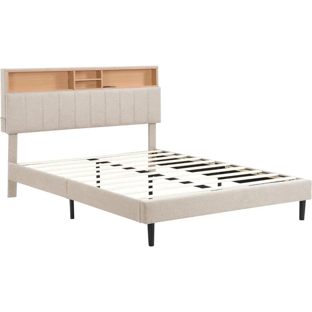 headboard with storage and USB ports, full, grey modern upholstered platform bed frame