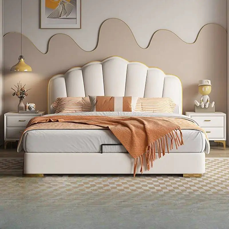 Waterproof Frame Double Bed Princess Beige Large Wooden Luxury Double Bed Headboards Storage