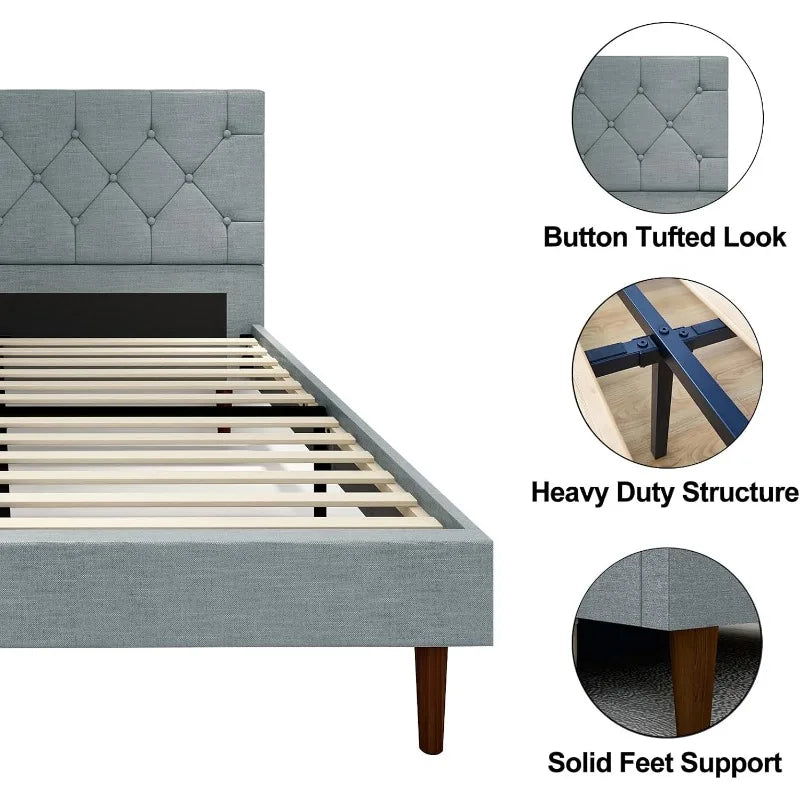 Classic Upholstered Bed with Deep Button Tufting Headboard.