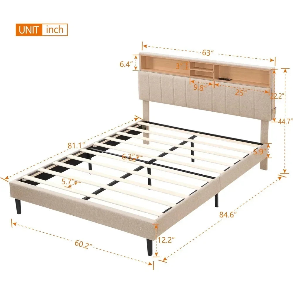 headboard with storage and USB ports, full, grey modern upholstered platform bed frame