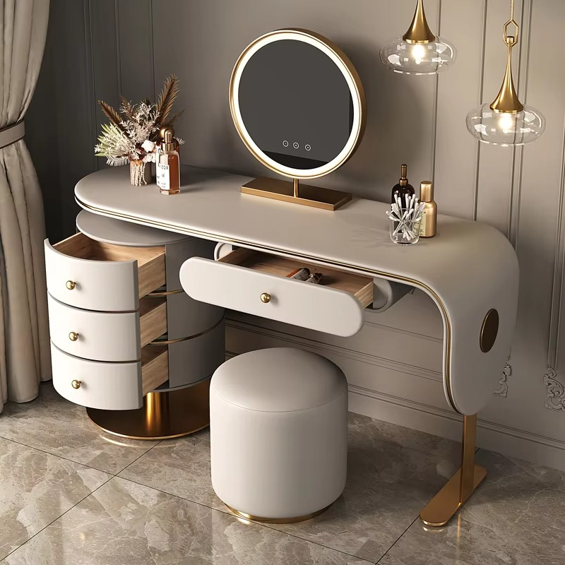 Wooden Dressing Table Set Light Luxury Bedroom Furniture LED Makeup Mirror Vanity Smart Drawers Panel Style