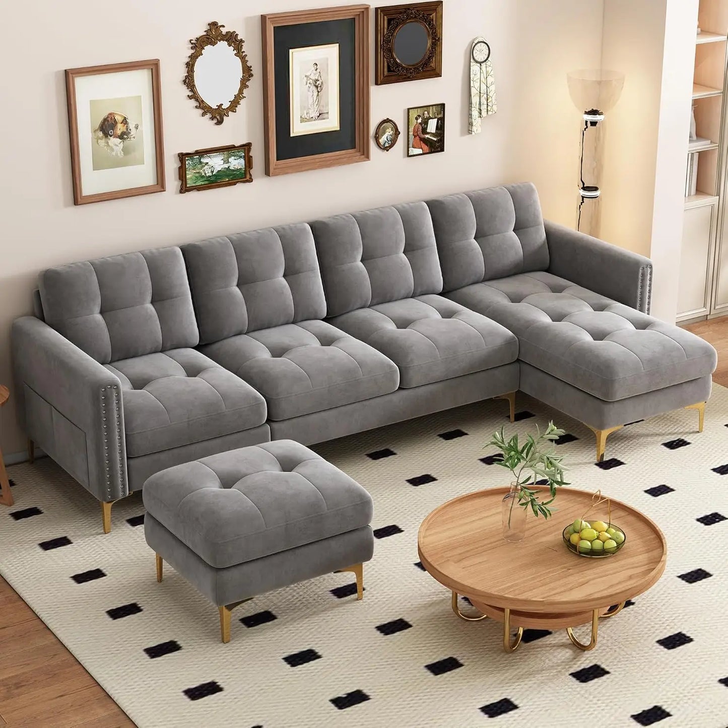 U Shape Upholstered Couch with Chaise, Convertible Sofa Couch