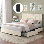 Upholstered Bed Frame with High Headboard, Storage Drawers, USB Charging Ports.