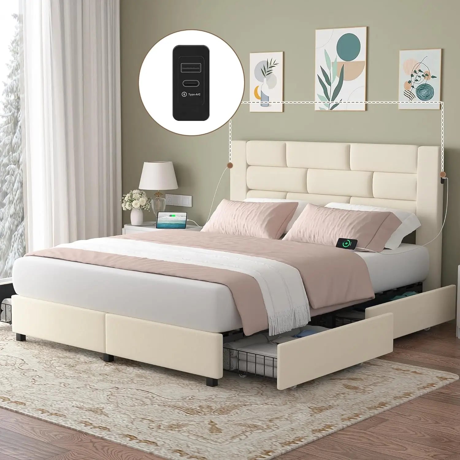 Upholstered Bed Frame with High Headboard, Storage Drawers, USB Charging Ports.