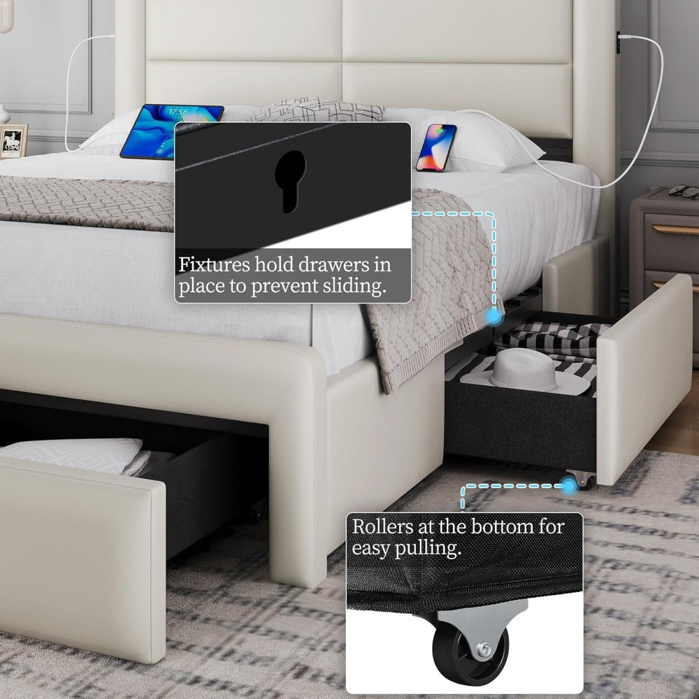 Modern Bed with Storage Drawers, USB Ports, High Upholstered Headboard.