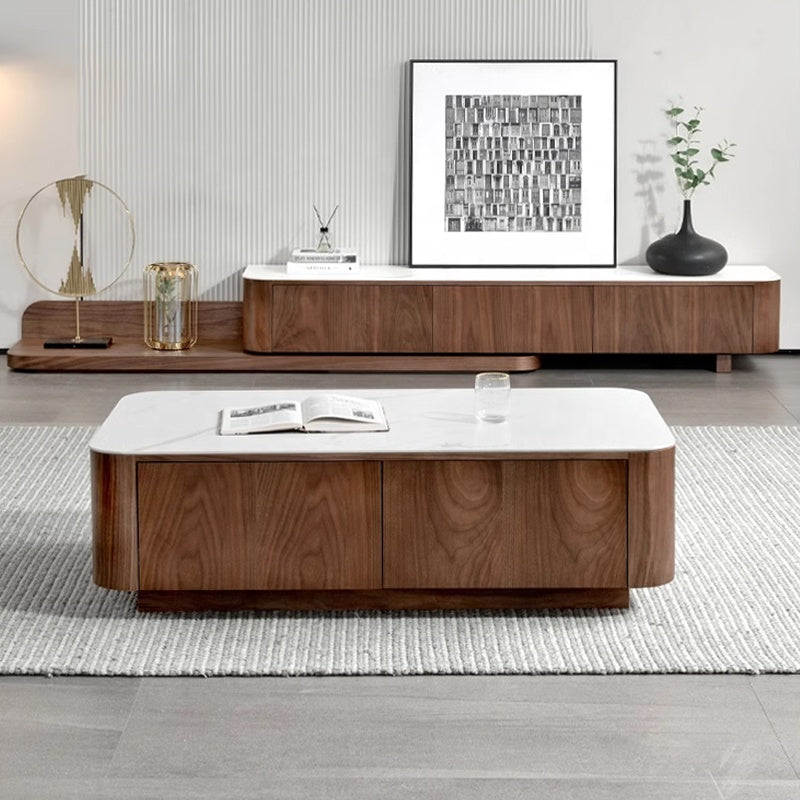 Modern Nordic Walnut Tea Table – Rectangular Rock Panel Design with Storage