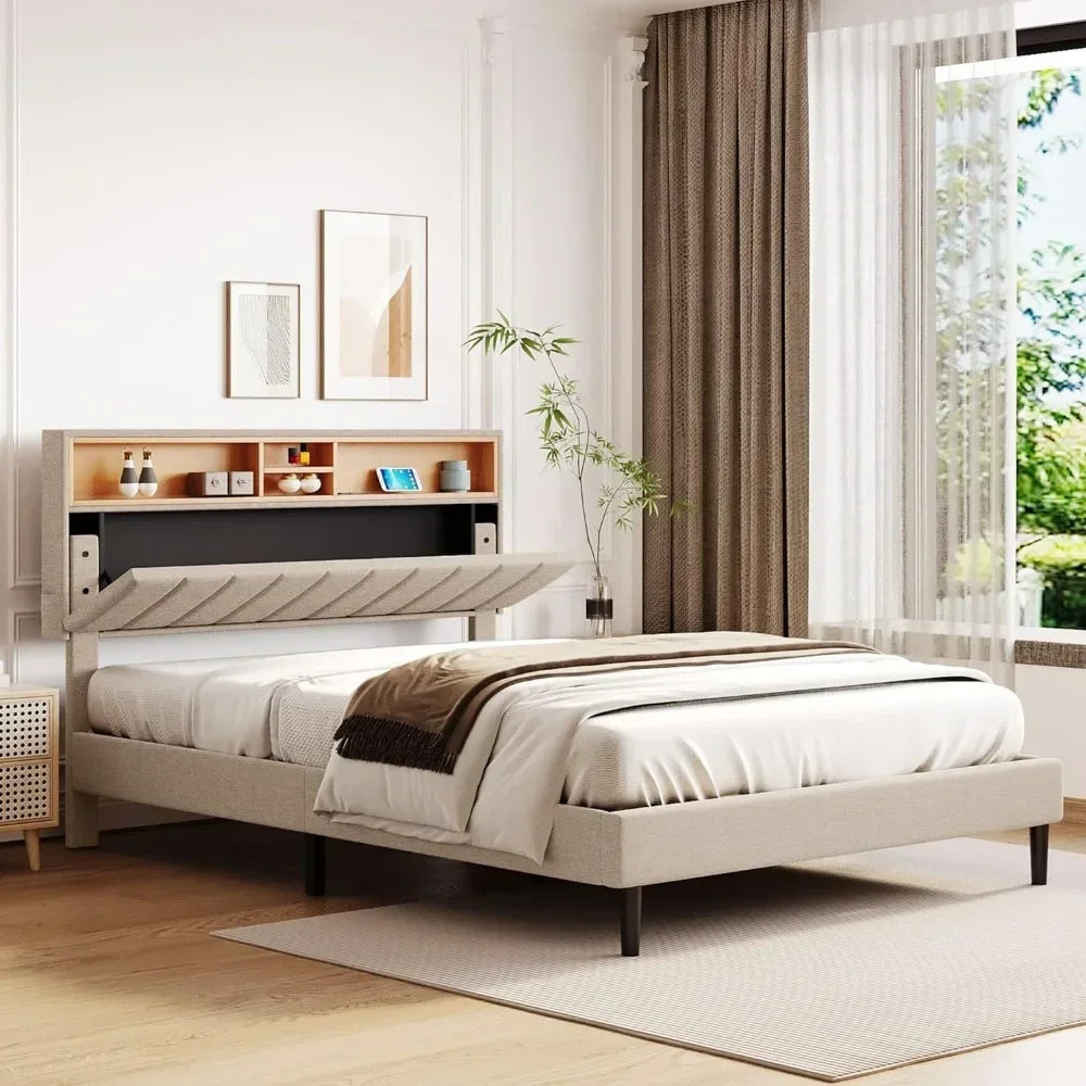 headboard with storage and USB ports, full, grey modern upholstered platform bed frame