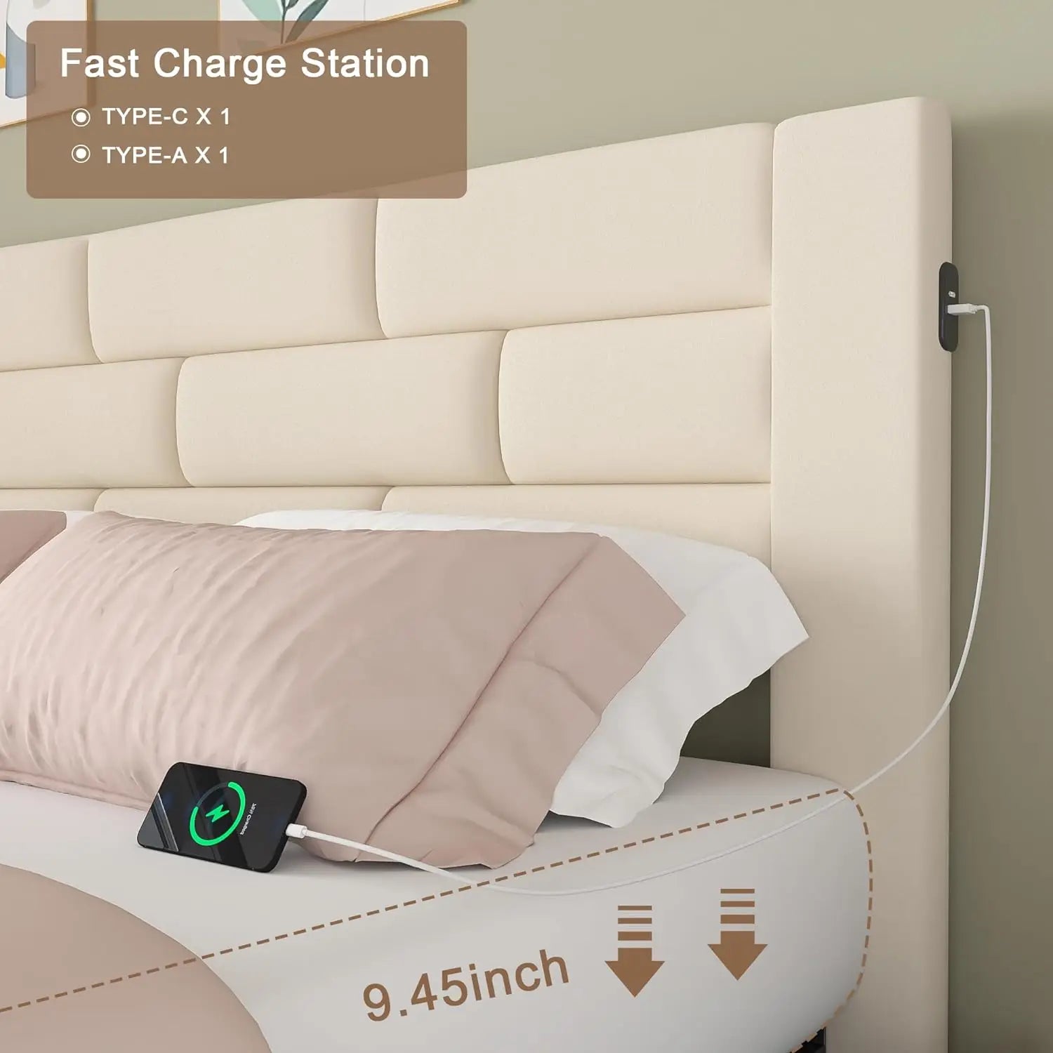 Upholstered Bed Frame with High Headboard, Storage Drawers, USB Charging Ports.