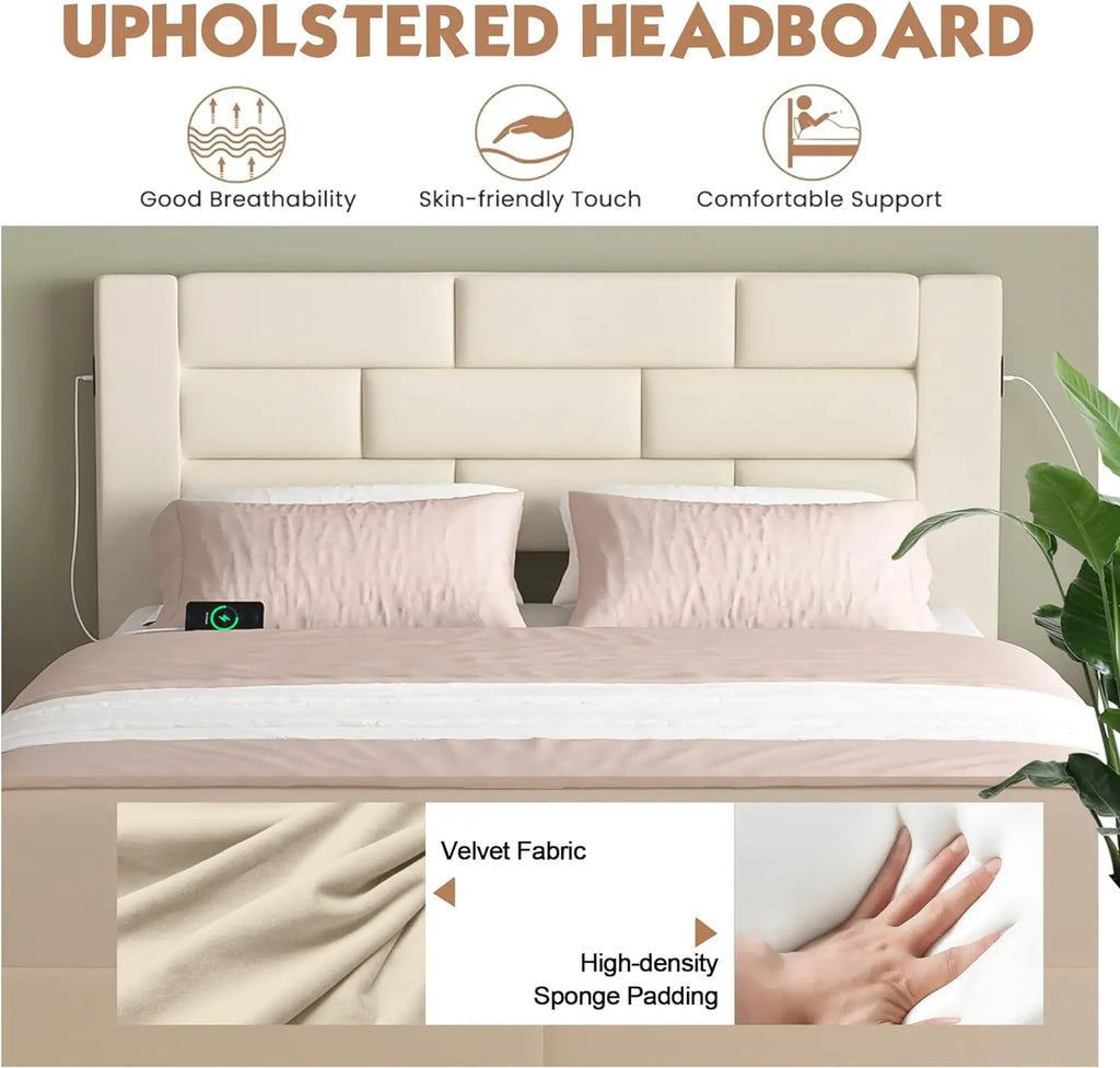 Upholstered Bed Frame with High Headboard, Storage Drawers, USB Charging Ports.