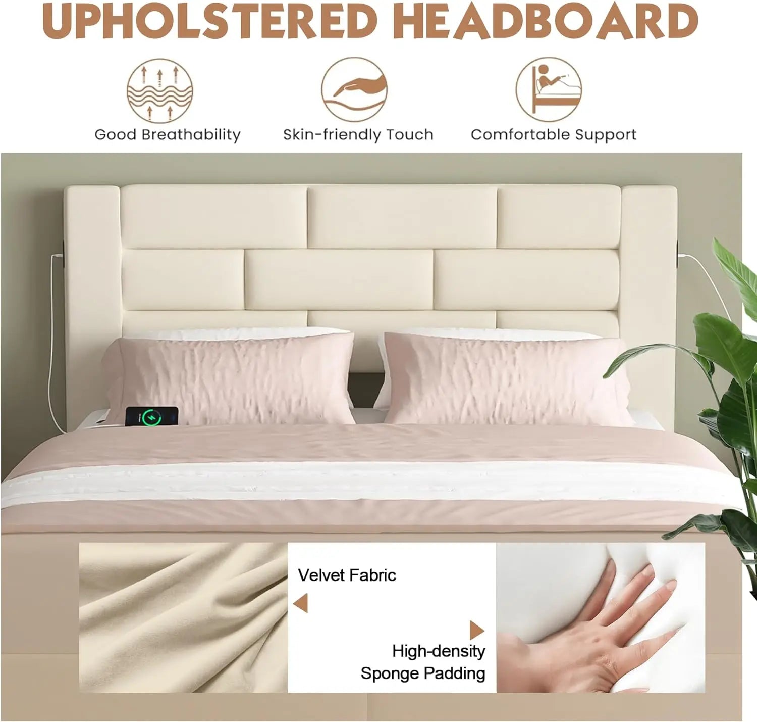 Upholstered Bed Frame with High Headboard, Storage Drawers, USB Charging Ports.