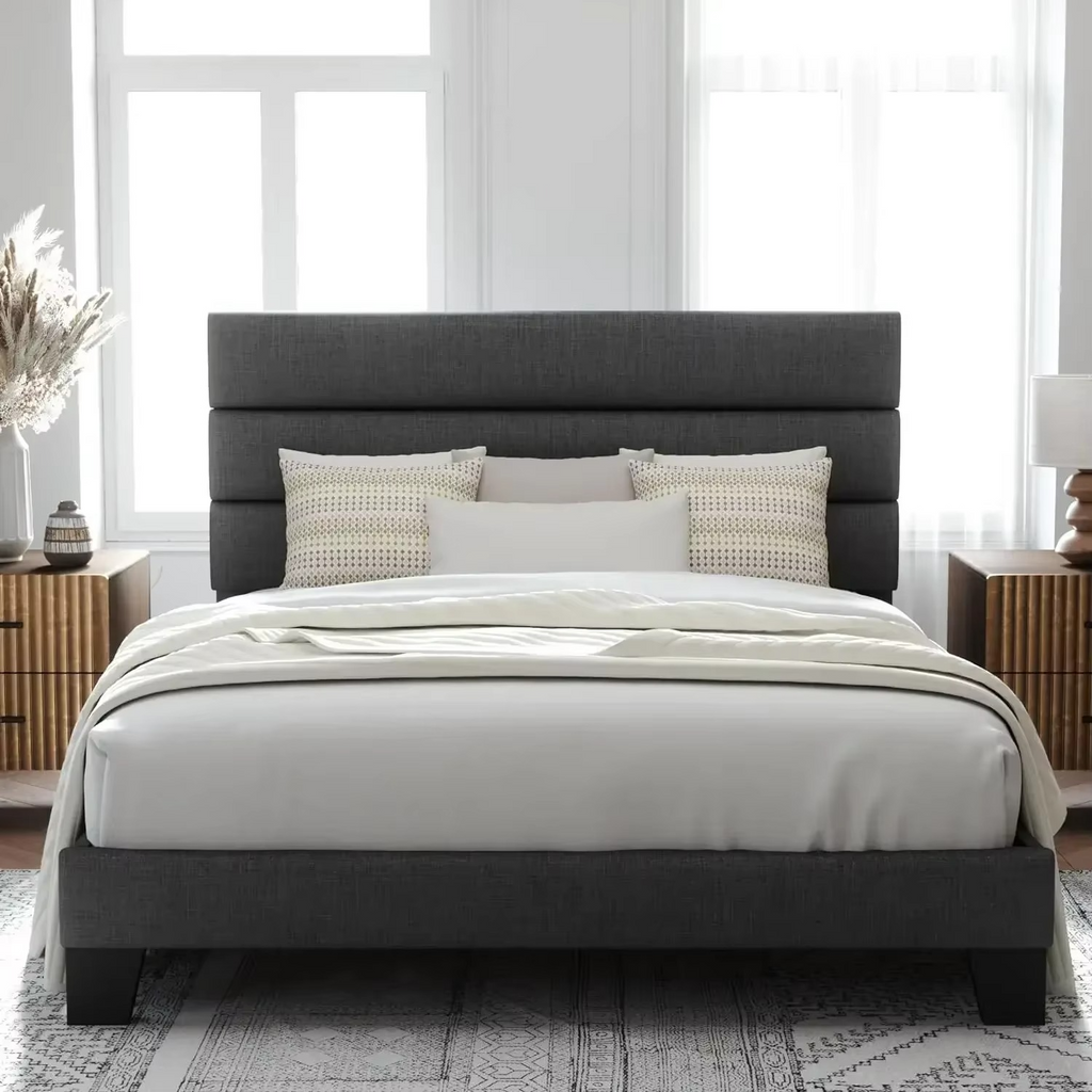 Sleek Upholstered Platform Bed with Channel-Tufted Headboard.