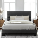 Sleek Upholstered Platform Bed with Channel-Tufted Headboard.