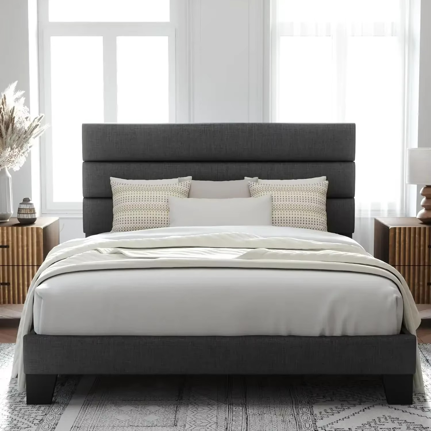 Sleek Upholstered Platform Bed with Channel-Tufted Headboard.
