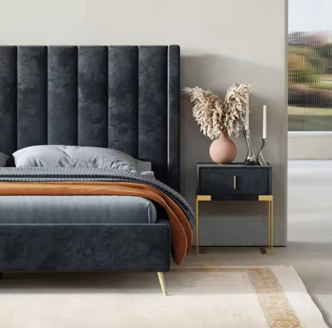 Modern Black Velvet Bed, High Headboard Design.