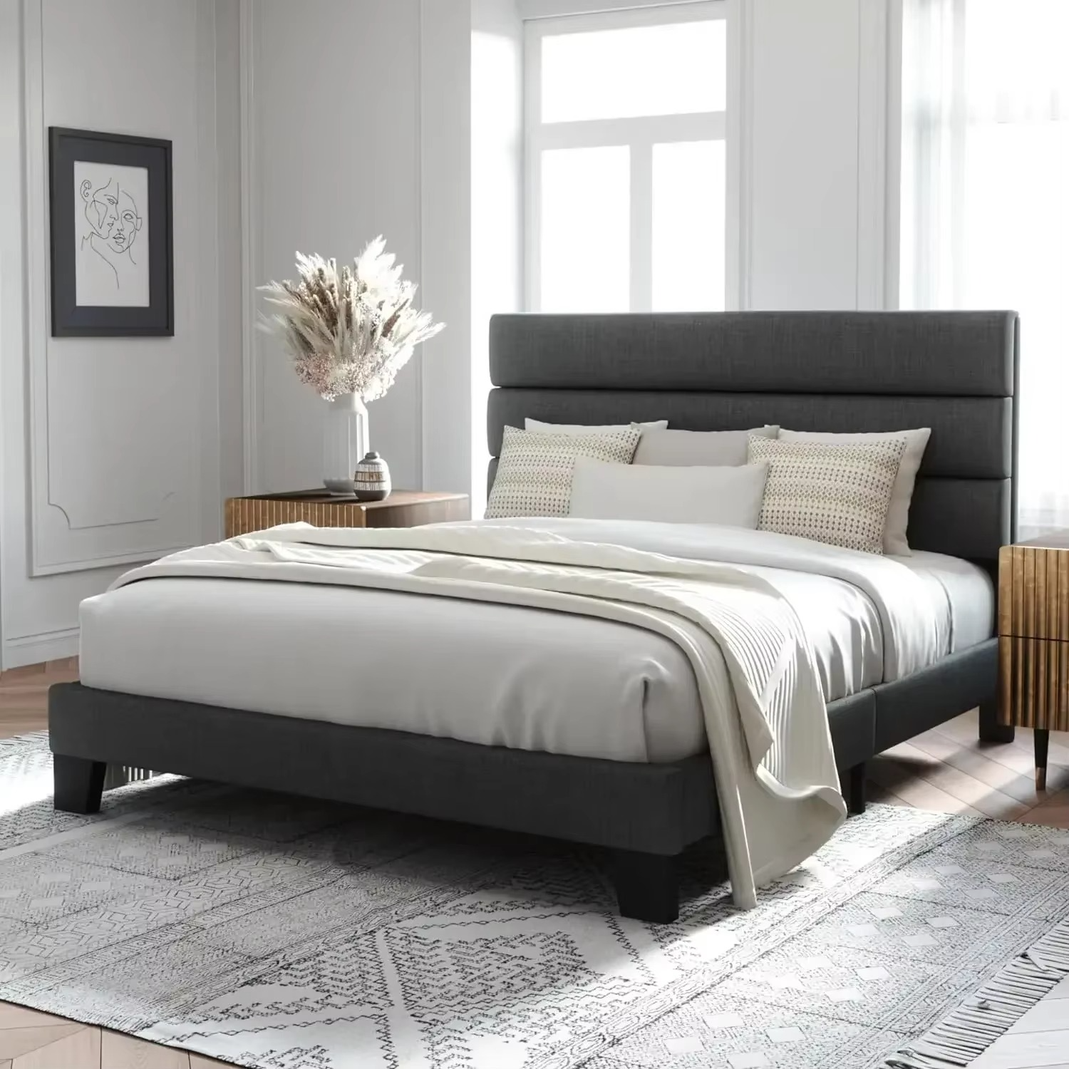 Sleek Upholstered Platform Bed with Channel-Tufted Headboard.