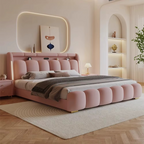 Modern Upholstered Lighted Bed with Storage Drawers Compartments.