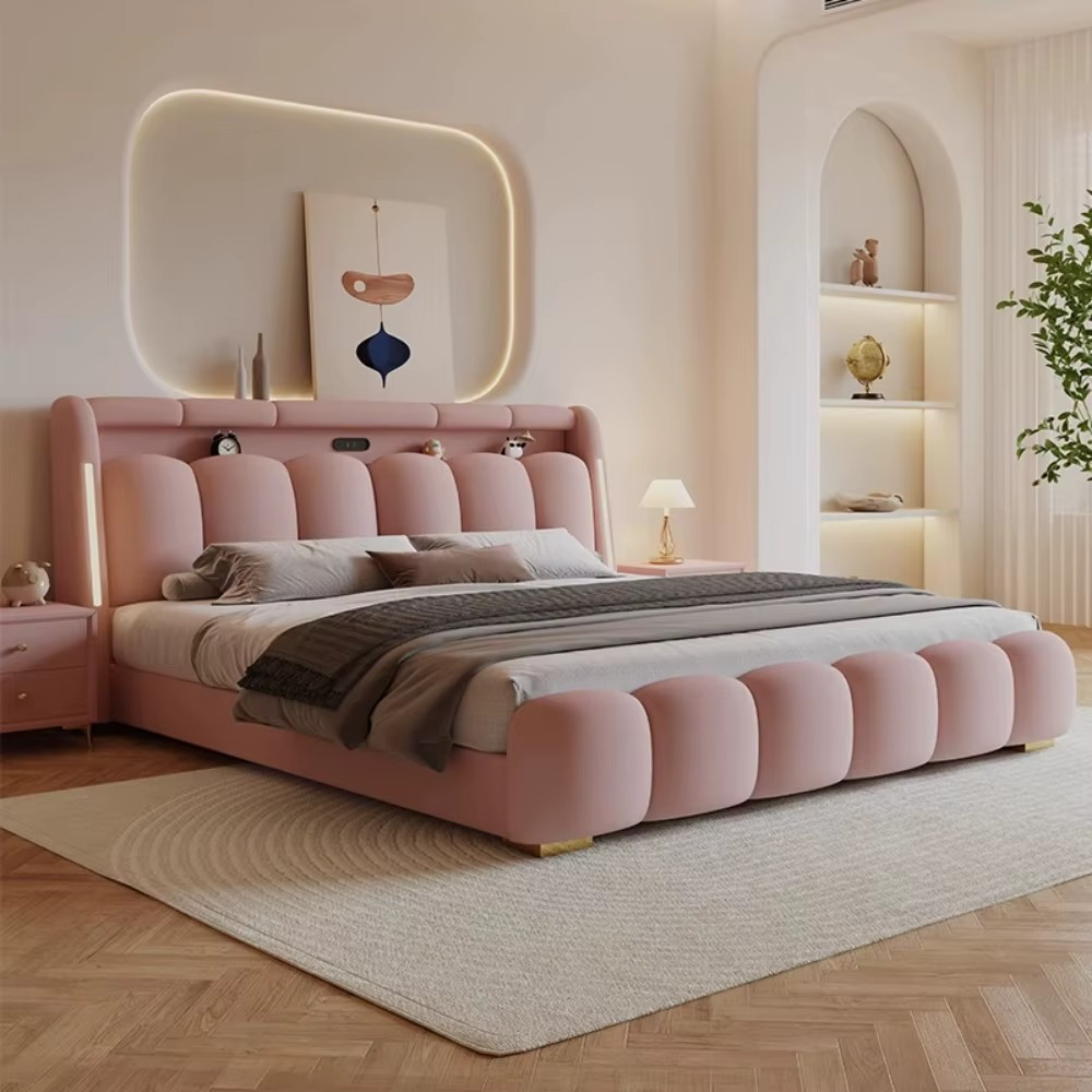 Modern Upholstered Lighted Bed with Storage Drawers Compartments.