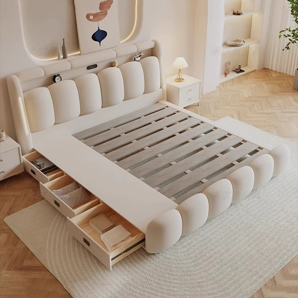 Modern Upholstered Lighted Bed with Storage Drawers Compartments.
