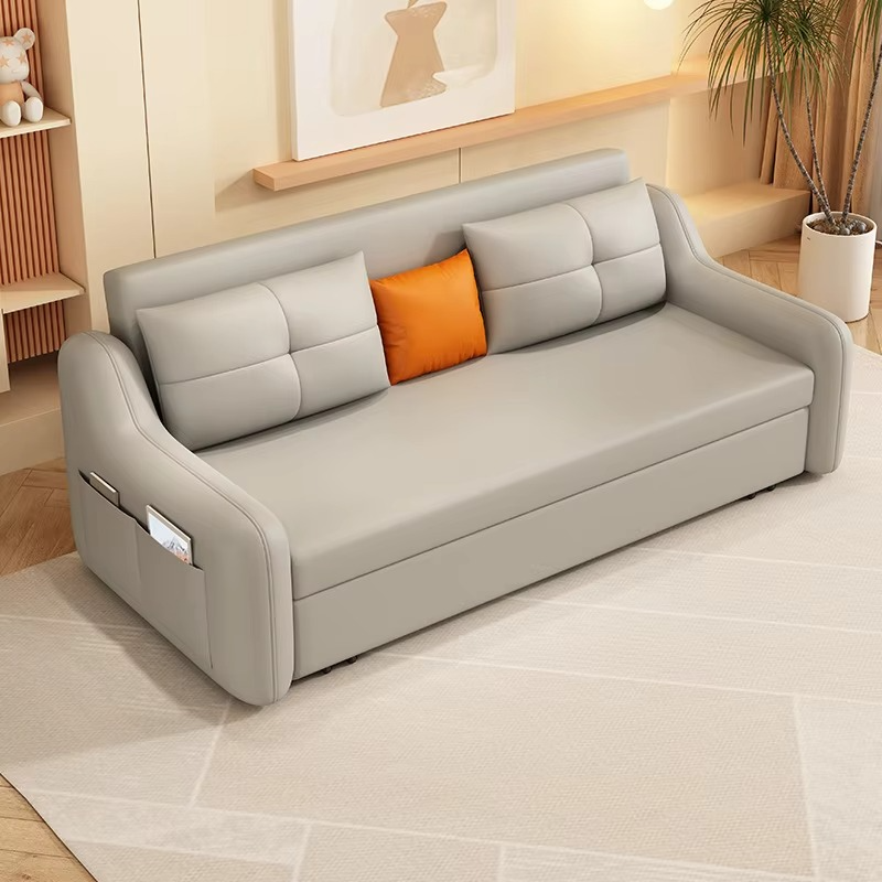 Modern leather sofa bed dual-purpose living room cream simple small apartment multi-functional storage