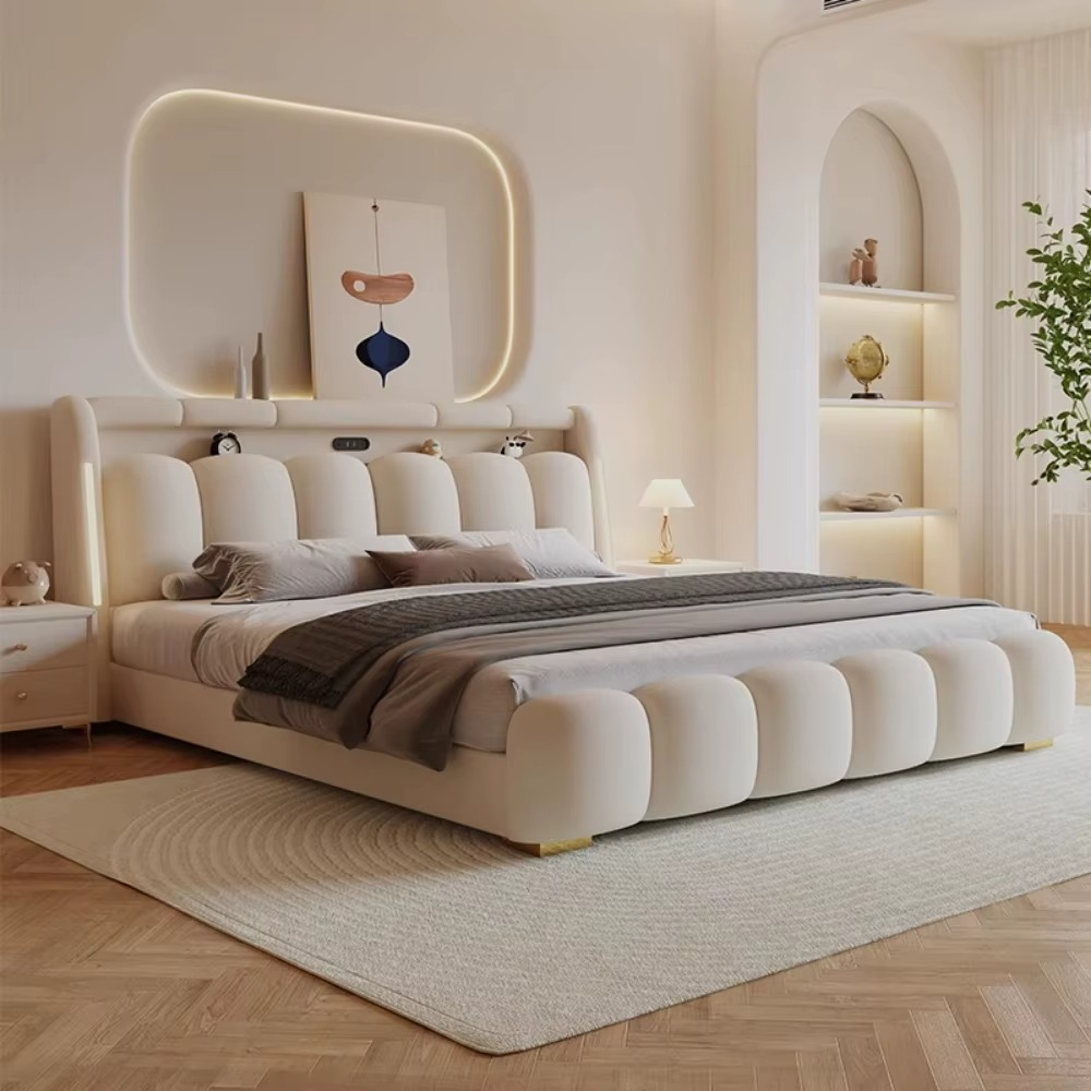 Modern Upholstered Lighted Bed with Storage Drawers Compartments.