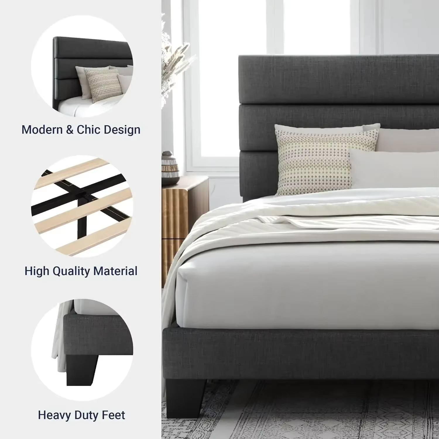 Sleek Upholstered Platform Bed with Channel-Tufted Headboard.