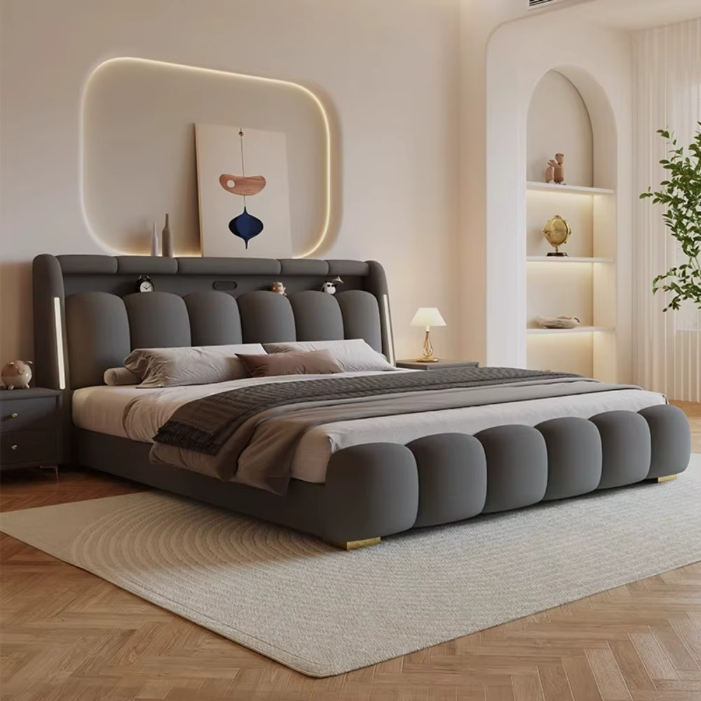 Modern Upholstered Lighted Bed with Storage Drawers Compartments.