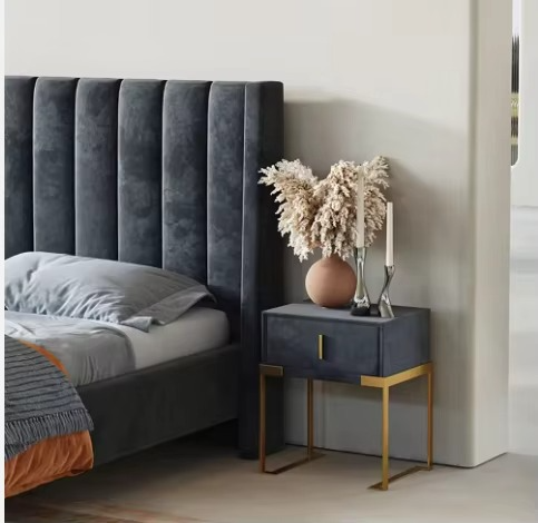Modern Black Velvet Bed, High Headboard Design.