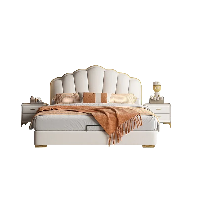 Waterproof Frame Double Bed Princess Beige Large Wooden Luxury Double Bed Headboards Storage