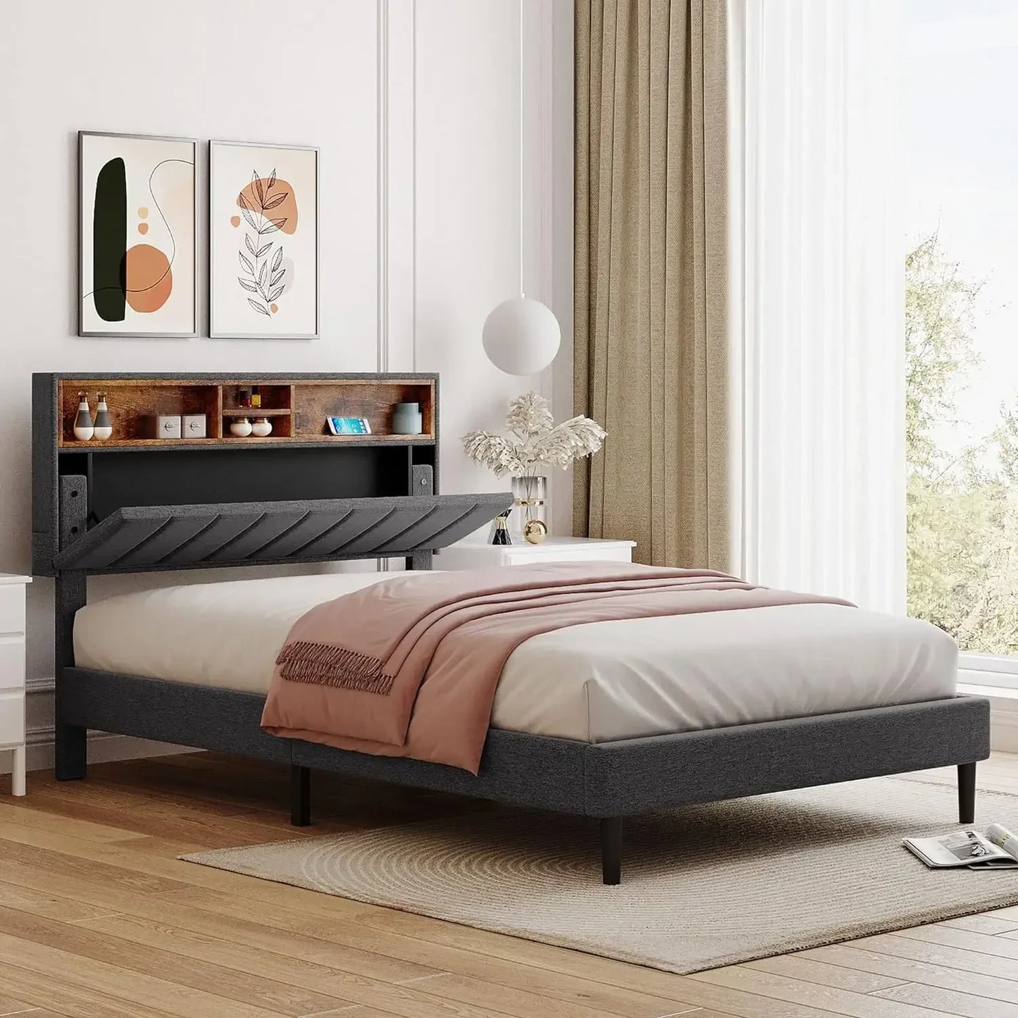 headboard with storage and USB ports, full, grey modern upholstered platform bed frame