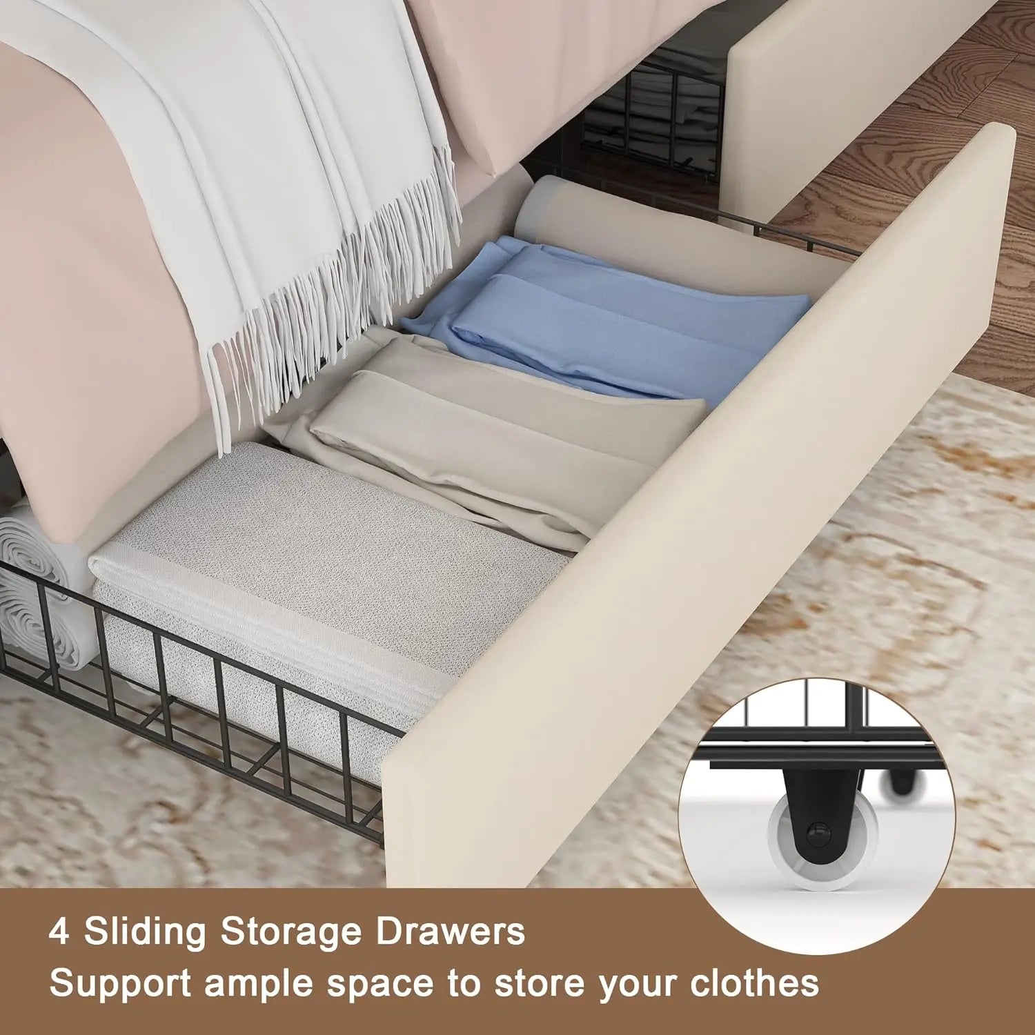 Upholstered Bed Frame with High Headboard, Storage Drawers, USB Charging Ports.