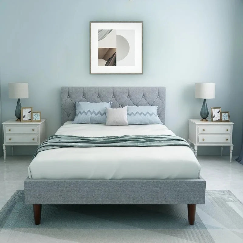 Classic Upholstered Bed with Deep Button Tufting Headboard.